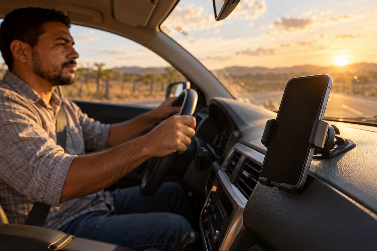 Celular preso no suporte do painel com a tela apagada enquanto o motorista dirige atento