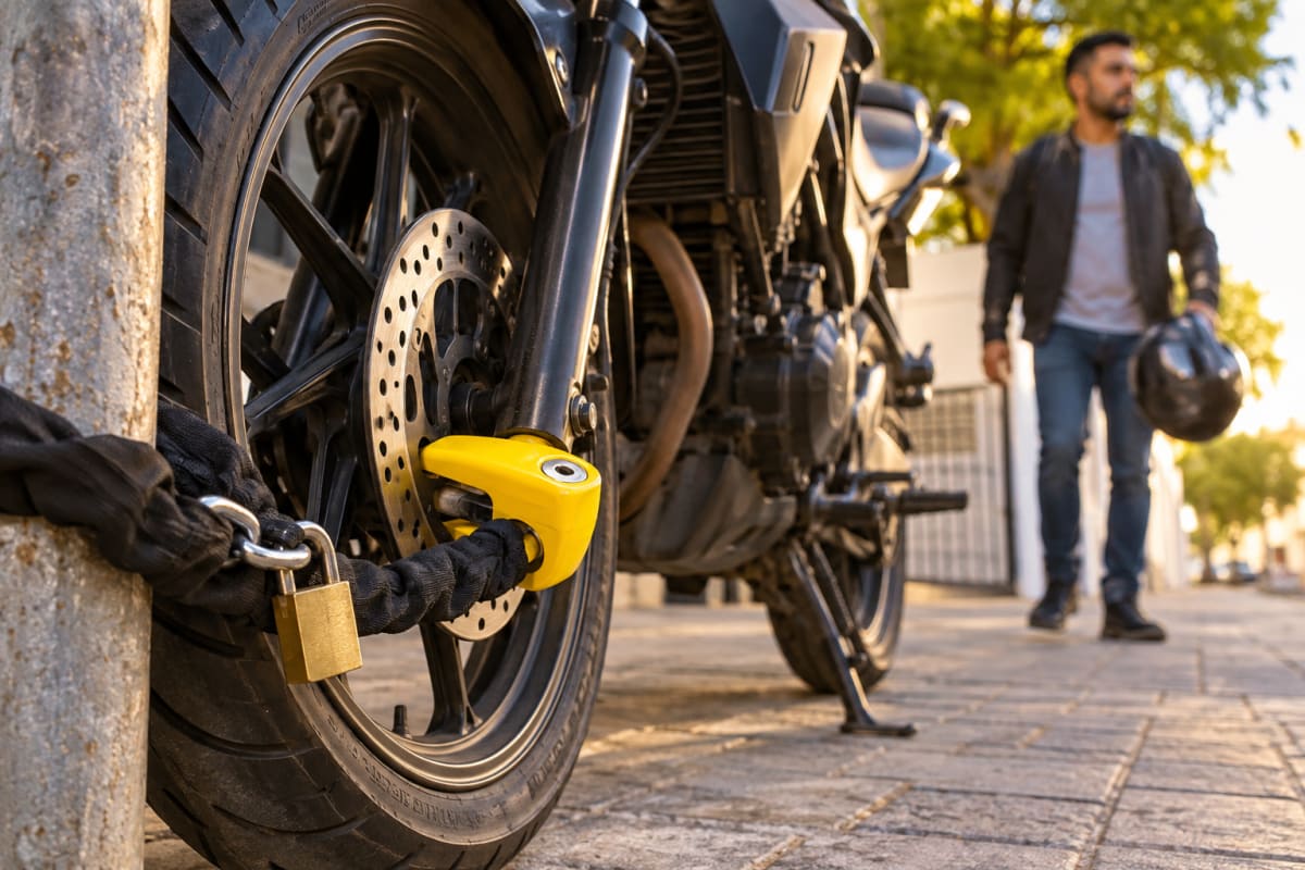 Moto estacionada na calçada com trava de disco amarela na roda dianteira e corrente com cadeado