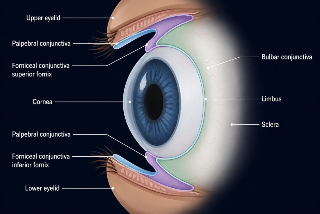 Cross-section of the front of the eye showing the three conjunctival regions: palpebral lining the eyelids, forniceal at the superior and inferior fornices, and bulbar covering the sclera up to the limbus.