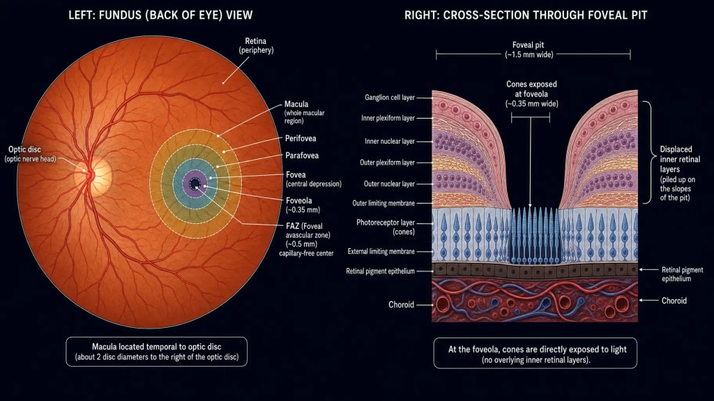 Diagram of the macula and fovea showing the concentric zones (perifovea, parafovea, fovea, foveola, foveal avascular zone) and a cross-section of the foveal pit where inner retinal layers are absent and cones are exposed.