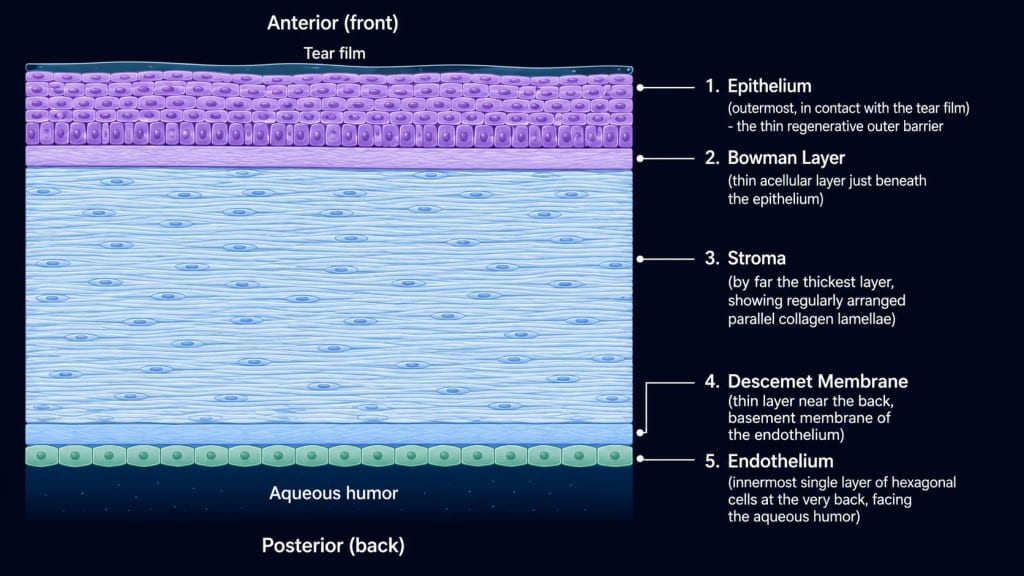 Cross-section of the cornea showing the five layers from front to back: epithelium, Bowman layer, stroma (the thickest layer), Descemet membrane, and endothelium, with the tear film above and aqueous humor below.