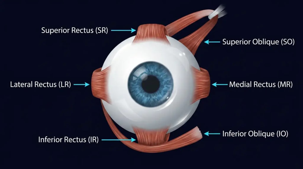 Anterior view of the right eye showing the six extraocular muscles: superior rectus, inferior rectus, medial rectus, lateral rectus, superior oblique curving from the superomedial direction to insert on the superotemporal globe, and inferior oblique curving from the anterior nasal floor to insert on the inferotemporal globe.