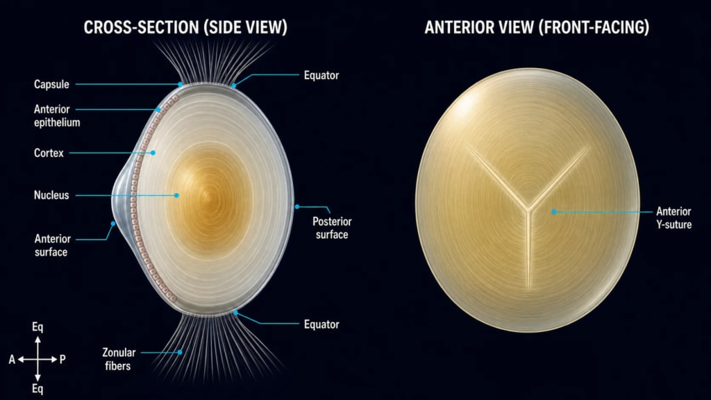 Cross-section of the crystalline lens showing the capsule, anterior epithelium on the anterior surface only stopping at the equator, cortex, nucleus, and zonular fibers at the equator, plus an anterior view showing the upright anterior Y-suture pattern.