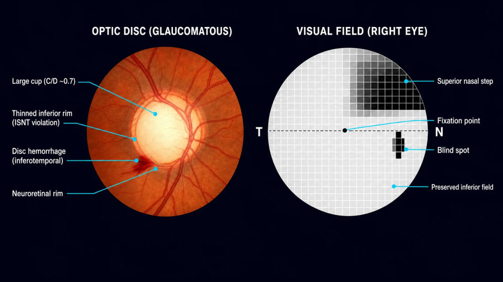 Two-panel diagram showing a glaucomatous optic disc with enlarged cup, thinned inferior neuroretinal rim and inferotemporal disc hemorrhage on the left, and a Humphrey visual field for the right eye showing a superior nasal step respecting the horizontal midline and the physiologic blind spot on the nasal side on the right.