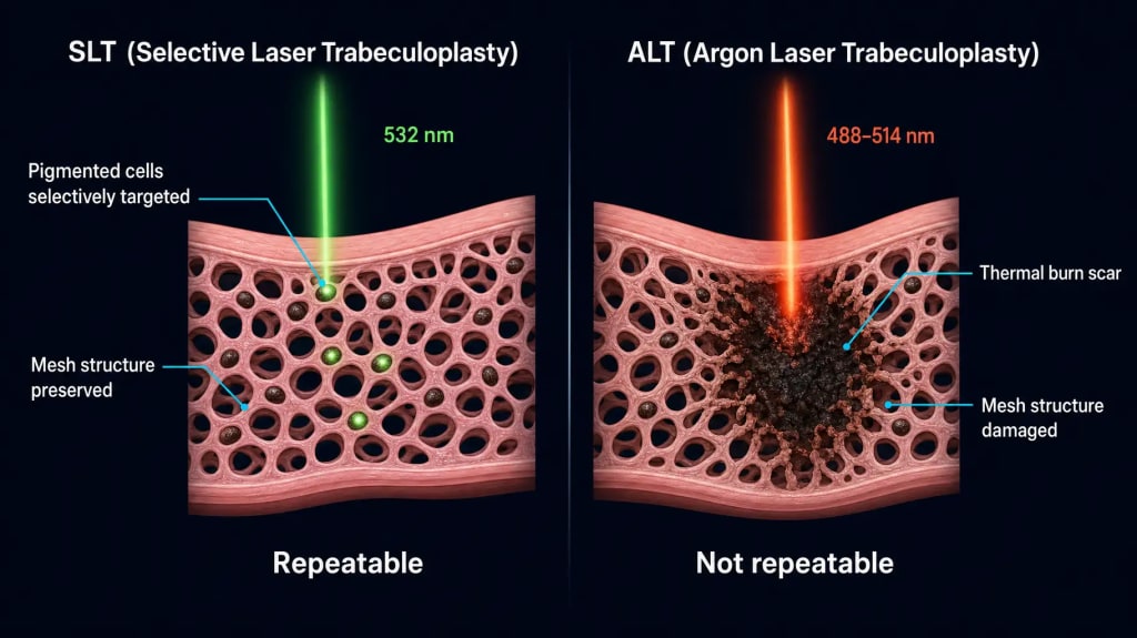Side-by-side comparison of SLT and ALT laser trabeculoplasty: SLT uses a 532 nm green laser to selectively target pigmented trabecular meshwork cells while preserving the mesh structure (repeatable), while ALT creates thermal burn scars that damage the mesh structure (not repeatable).