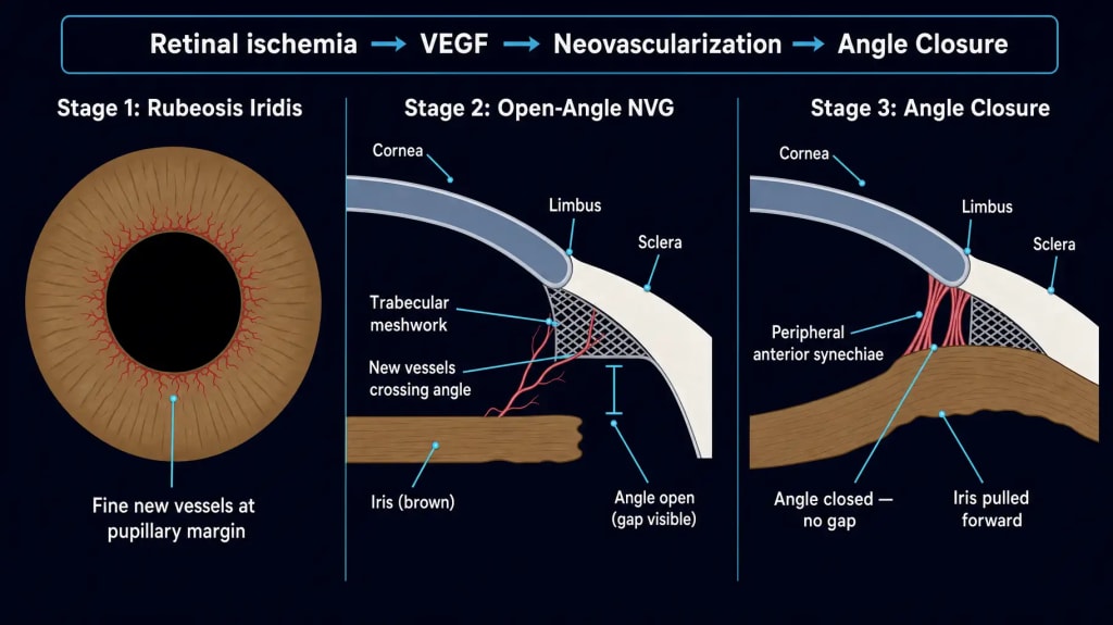 Three-stage diagram of neovascular glaucoma showing: Stage 1 rubeosis iridis with fine new vessels at the pupillary margin, Stage 2 open-angle NVG with new vessels crossing the trabecular meshwork and a visible open angle, and Stage 3 angle closure with peripheral anterior synechiae pulling the iris forward and sealing the angle shut. Pathophysiology banner shows: Retinal ischemia → VEGF → Neovascularization → Angle Closure.