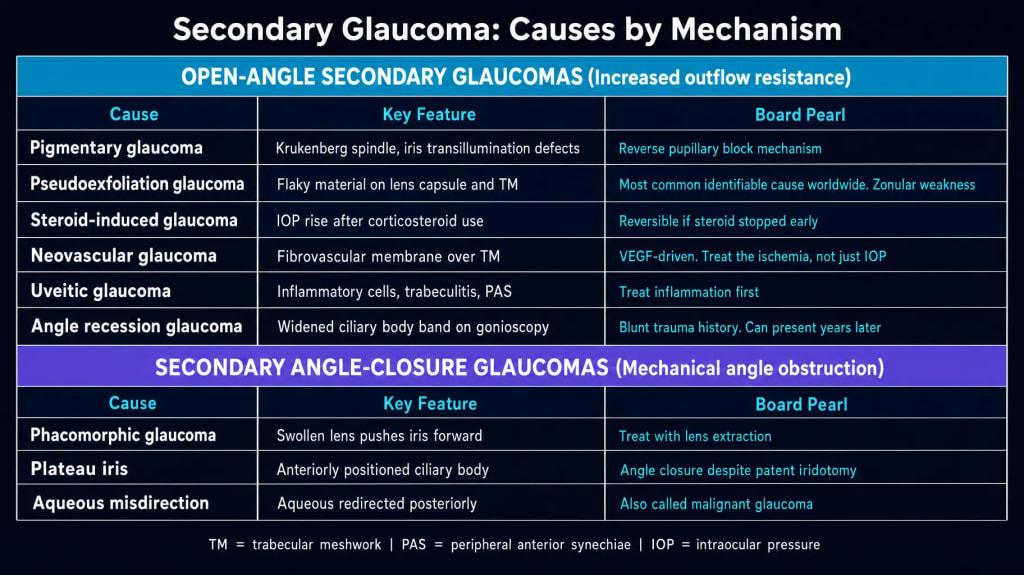 Two-section table of secondary glaucoma causes by mechanism. Open-angle secondary glaucomas include pigmentary, pseudoexfoliation, steroid-induced, neovascular, uveitic and angle recession glaucoma. Secondary angle-closure glaucomas include phacomorphic glaucoma, plateau iris and aqueous misdirection.