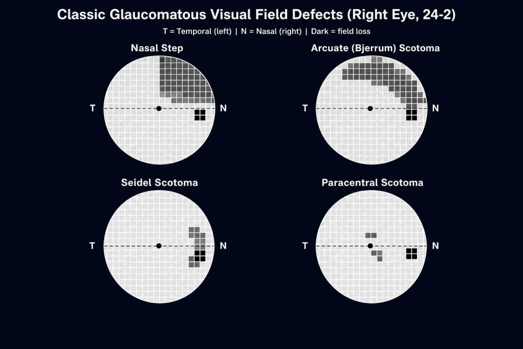Four Humphrey 24-2 grayscale visual field plots showing classic glaucomatous defects for the right eye: nasal step stopping sharply at the horizontal meridian, arcuate (Bjerrum) scotoma arching from the blind spot, Seidel scotoma as a small sickle shape adjacent to the blind spot, and paracentral scotoma as isolated dark squares near fixation.