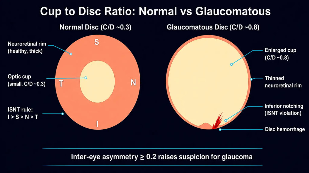 Side-by-side comparison of a normal optic disc (C/D ratio 0.3) with a thick neuroretinal rim following the ISNT rule, and a glaucomatous disc (C/D ratio 0.8) with an enlarged cup, thinned neuroretinal rim, inferior notching and a disc hemorrhage. Note: inter-eye asymmetry of 0.2 or more raises suspicion for glaucoma.