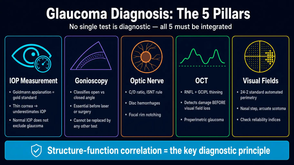 The five diagnostic pillars of glaucoma: IOP measurement (Goldmann tonometry, thin cornea effect), gonioscopy (open vs closed angle), optic nerve evaluation (C/D ratio, ISNT rule, disc hemorrhages), OCT (RNFL and GCIPL thinning, preperimetric glaucoma), and visual fields (24-2 perimetry, nasal step, arcuate scotoma). Bottom banner: structure-function correlation is the key diagnostic principle.