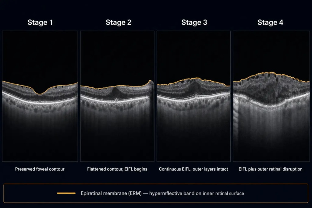 Four-panel OCT staging diagram of epiretinal membrane showing Govetto Stage 1 through Stage 4: Stage 1 with preserved foveal contour, Stage 2 with flattened contour and beginning ectopic inner foveal layers (EIFL), Stage 3 with continuous EIFL and intact outer retinal layers, and Stage 4 with EIFL plus outer retinal disruption, each panel highlighting the hyperreflective epiretinal membrane band on the inner retinal surface