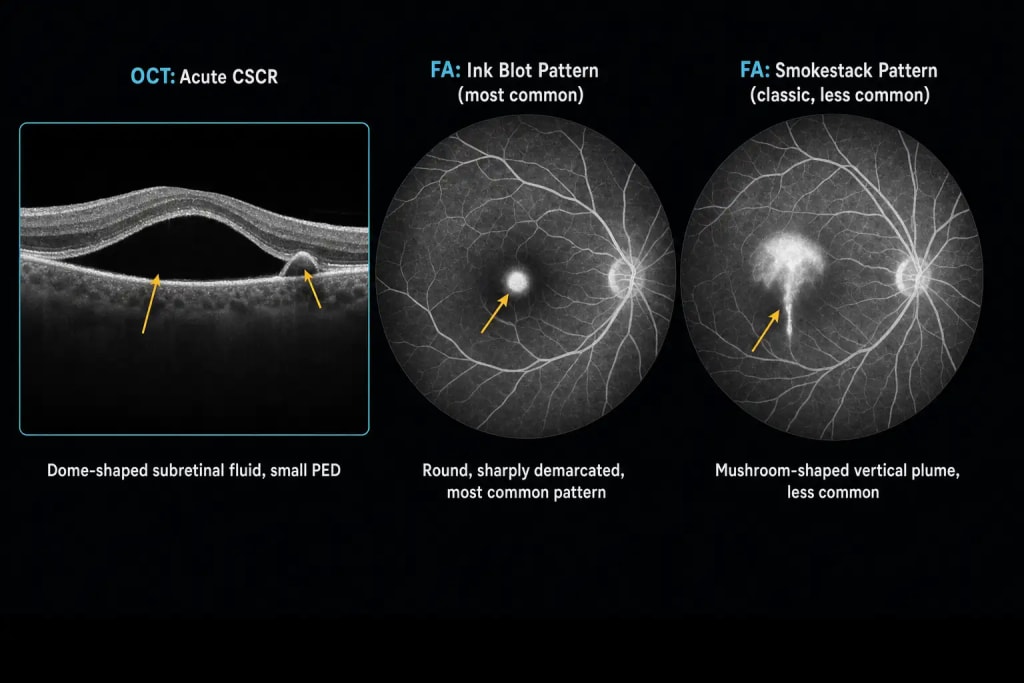 Three-panel diagram of central serous chorioretinopathy imaging findings: OCT cross-section showing dome-shaped subretinal fluid with a small adjacent pigment epithelial detachment in acute CSCR, fluorescein angiography showing the more common round, sharply demarcated ink blot leak pattern, and fluorescein angiography showing the classic but less common mushroom-shaped smokestack leak pattern