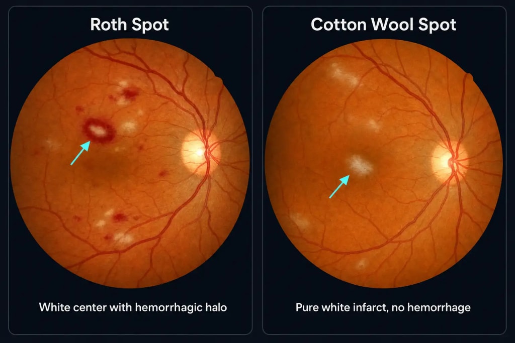 Side-by-side fundus photo comparison of a Roth spot, a white center surrounded by a hemorrhagic red halo, and a cotton wool spot, a pure white fluffy infarct with no surrounding hemorrhage, illustrating the key distinguishing feature between the two white-centered retinal lesions
