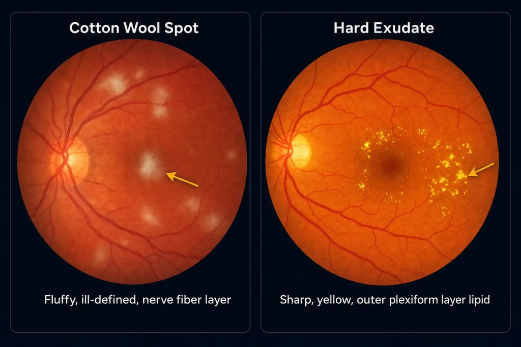 Side-by-side fundus photo comparison of a cotton wool spot, a fluffy, ill-defined, gray-white lesion in the nerve fiber layer, and hard exudates, sharply demarcated, bright yellow lipid deposits in the outer plexiform layer, illustrating the key distinguishing feature between the two pale retinal lesions