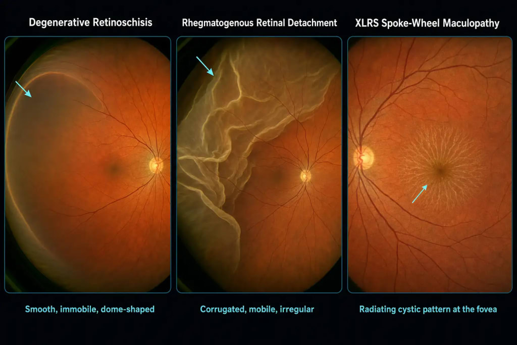 Three-panel fundus photo comparison showing degenerative retinoschisis as a smooth, immobile, dome-shaped peripheral elevation, rhegmatogenous retinal detachment as a corrugated, mobile, irregular elevation, and X-linked juvenile retinoschisis spoke-wheel maculopathy as a radiating cystic pattern centered on the fovea
