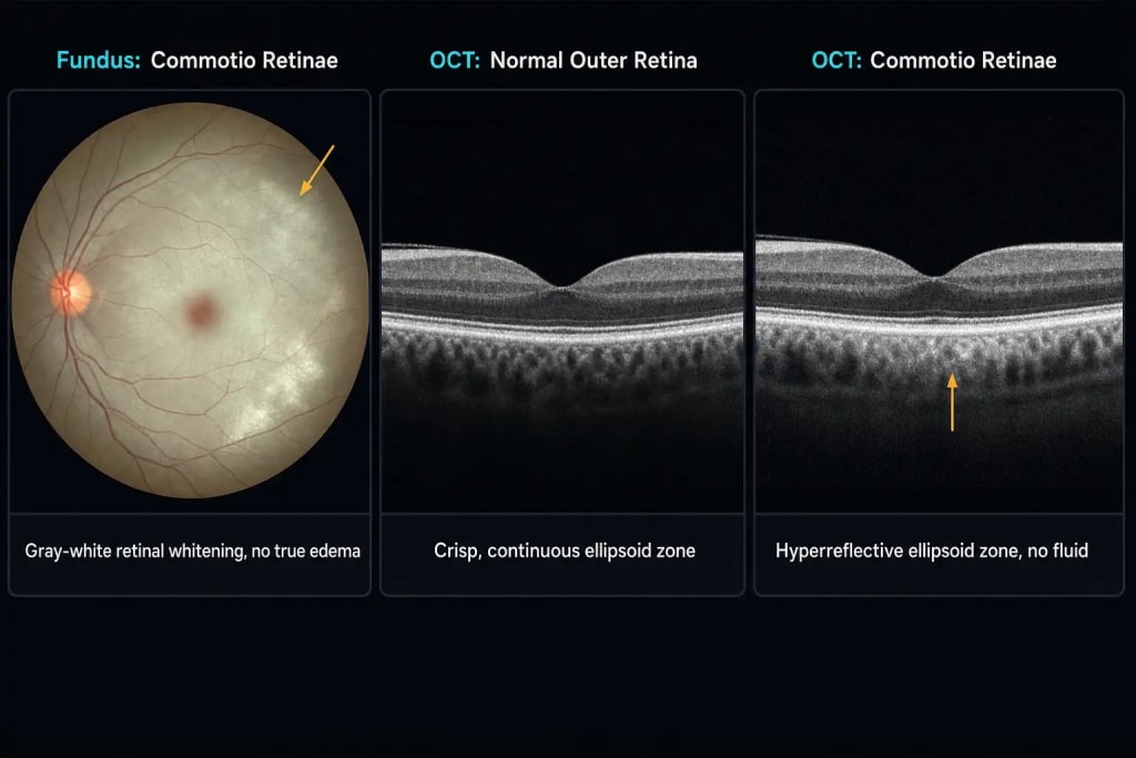 Three-panel diagram of commotio retinae: fundus photo showing gray-white retinal opacification at the posterior pole, a normal macular OCT with a crisp continuous ellipsoid zone for comparison, and a commotio retinae OCT showing hyperreflective, disrupted outer retinal layers with a flat attached retina and no subretinal or intraretinal fluid