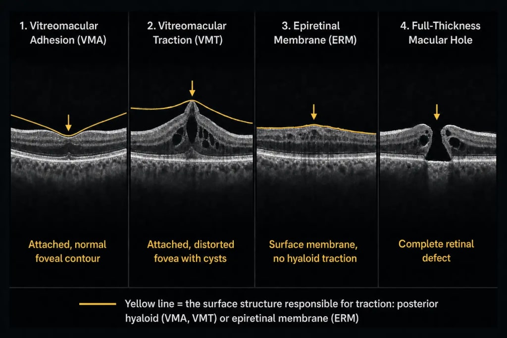 Four-panel OCT differential diagram of the vitreomacular interface: vitreomacular adhesion with the posterior hyaloid attached at the fovea and a normal foveal contour, vitreomacular traction with the hyaloid attached and the fovea distorted with intraretinal cysts, epiretinal membrane as a hyperreflective membrane on the inner retinal surface without hyaloid traction, and full-thickness macular hole with a complete retinal defect