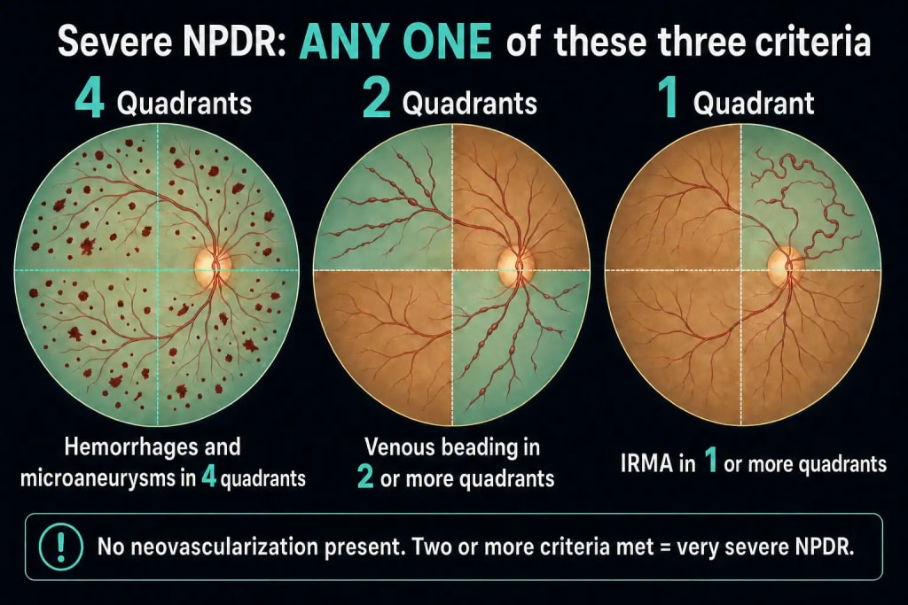 Three-panel schematic of the 4-2-1 rule for severe nonproliferative diabetic retinopathy, each showing a fundus divided into four quadrants: hemorrhages and microaneurysms in all four quadrants, venous beading in two quadrants, and intraretinal microvascular abnormalities (IRMA) in one quadrant, with any single criterion sufficient for severe NPDR in the absence of neovascularization