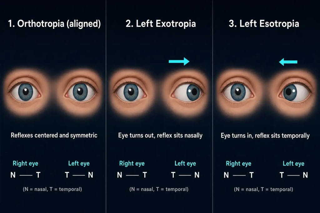 Three-panel schematic comparing ocular alignment using the Hirschberg corneal light reflex test: orthotropia with both reflexes centered and symmetric, exotropia where the deviated eye turns outward and its corneal light reflex sits nasally, and esotropia where the deviated eye turns inward and its reflex sits temporally