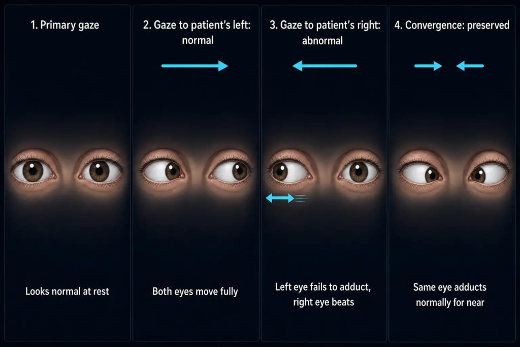 Four-panel diagram of a left internuclear ophthalmoplegia showing eye positions from the examiner's view: normal primary gaze, full conjugate movement on gaze to the patient's left, failure of the left eye to adduct with abducting nystagmus of the right eye on gaze to the patient's right, and preserved convergence in which the same left eye adducts normally for a near target