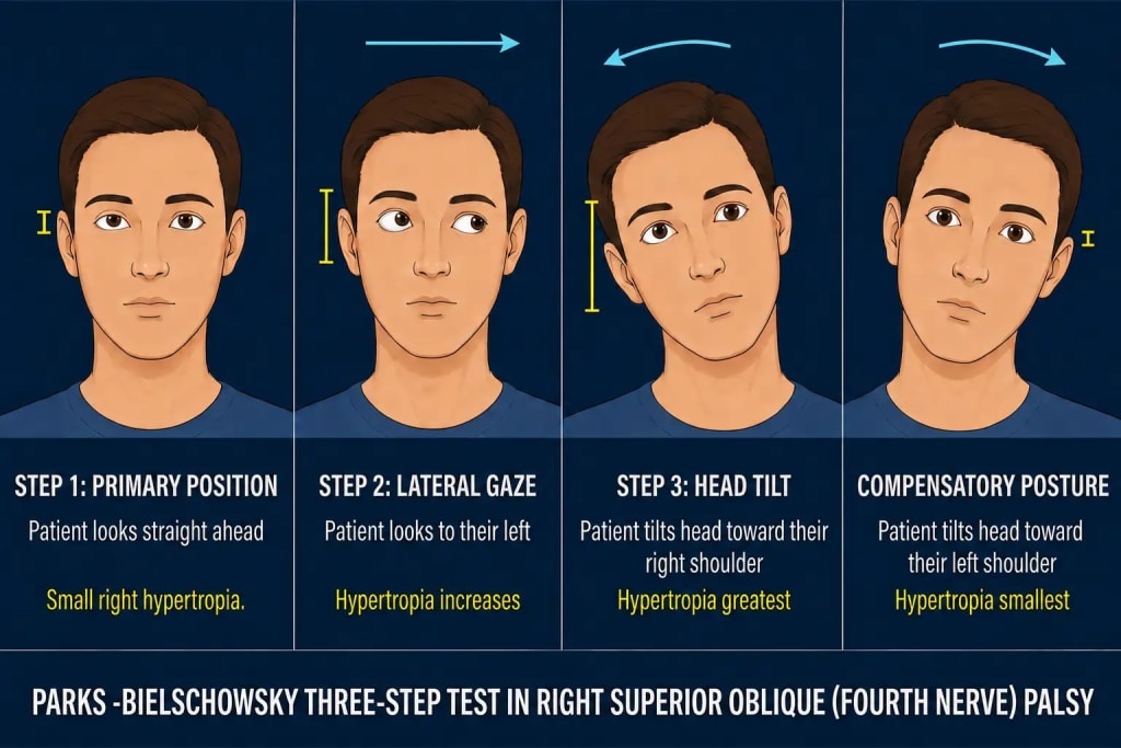 Four-panel diagram of the Parks-Bielschowsky three-step test in right superior oblique fourth nerve palsy: primary position showing subtle right hypertropia, lateral gaze to the patient's left showing increased hypertropia, head tilt toward the patient's right shoulder showing greatest hypertropia, and compensatory head tilt toward the patient's left shoulder showing smallest hypertropia