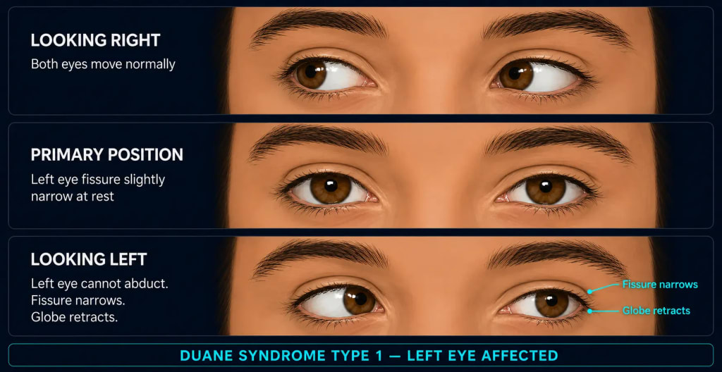 Three-panel diagram of Duane syndrome type 1 in the left eye: top panel showing both eyes moving normally when looking right, middle panel showing primary position with slightly narrowed left eye fissure at rest, and bottom panel showing the left eye unable to abduct with globe retraction and fissure narrowing when looking left