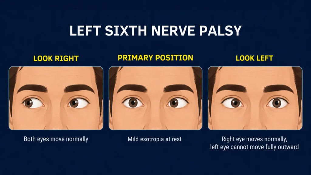 Three-panel diagram of left sixth nerve palsy showing gaze positions: both eyes moving normally on right gaze, mild left esotropia in primary position, and the left eye unable to abduct with worsening esotropia on left gaze while the right eye moves fully