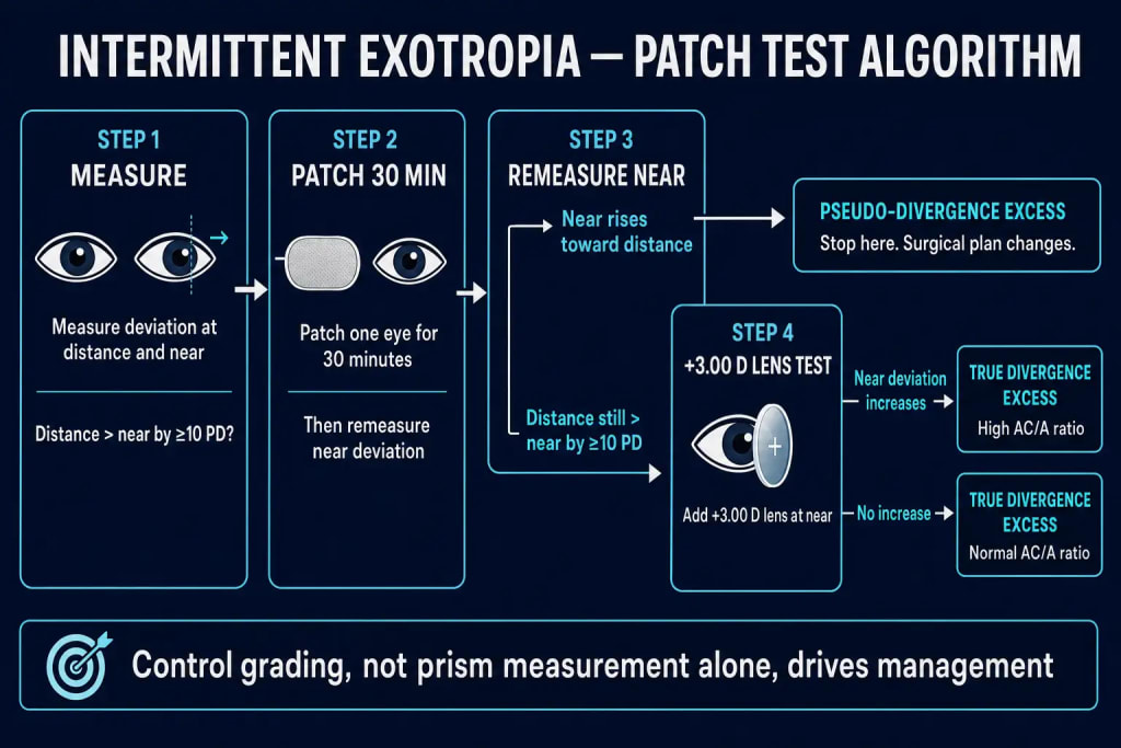 Flowchart of the intermittent exotropia patch test algorithm: measure deviation at distance and near, patch one eye for 30 minutes, remeasure near deviation to distinguish pseudo-divergence excess from true divergence excess, then apply a plus 3.00 diopter lens test at near to identify a high versus normal AC/A ratio