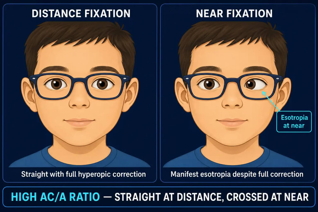 Two-panel diagram of accommodative esotropia with a high AC/A ratio: distance fixation showing both eyes straight and aligned with full hyperopic correction, and near fixation showing the same child in the same glasses with one eye turned inward, illustrating manifest esotropia at near despite normal distance alignment
