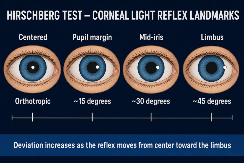 Diagram of Hirschberg test corneal light reflex landmarks showing four progressive positions of reflex displacement from the pupil center, measured in degrees of ocular deviation: centered and orthotropic, at the pupil margin at approximately 15 degrees, mid-iris at approximately 30 degrees, and at the limbus at approximately 45 degrees