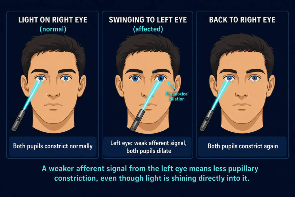 Three-panel diagram of the swinging flashlight test for a left relative afferent pupillary defect: light directed at the right eye shows both pupils constricted normally, swinging the light to the left eye shows both pupils paradoxically dilating together due to the weaker afferent signal, and returning the light to the right eye shows both pupils constricting again