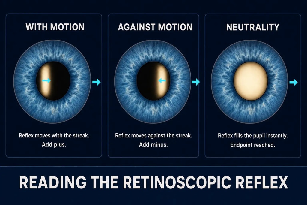 Three-panel diagram of the retinoscopic reflex: with motion showing the reflex moving in the same direction as the streak, prompting the examiner to add plus power, against motion showing the reflex moving opposite the streak, prompting the examiner to add minus power, and neutrality showing the reflex filling the entire pupil with no motion, marking the endpoint of retinoscopy