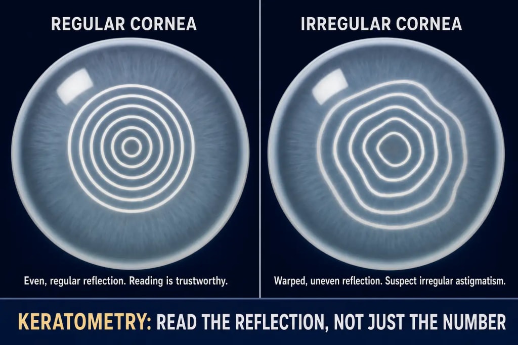 Two-panel diagram comparing keratometry reflections: a regular cornea showing an even, concentric ring reflection indicating a trustworthy reading, and an irregular cornea showing a warped, unevenly spaced ring reflection suggesting irregular astigmatism that keratometry alone cannot fully characterize