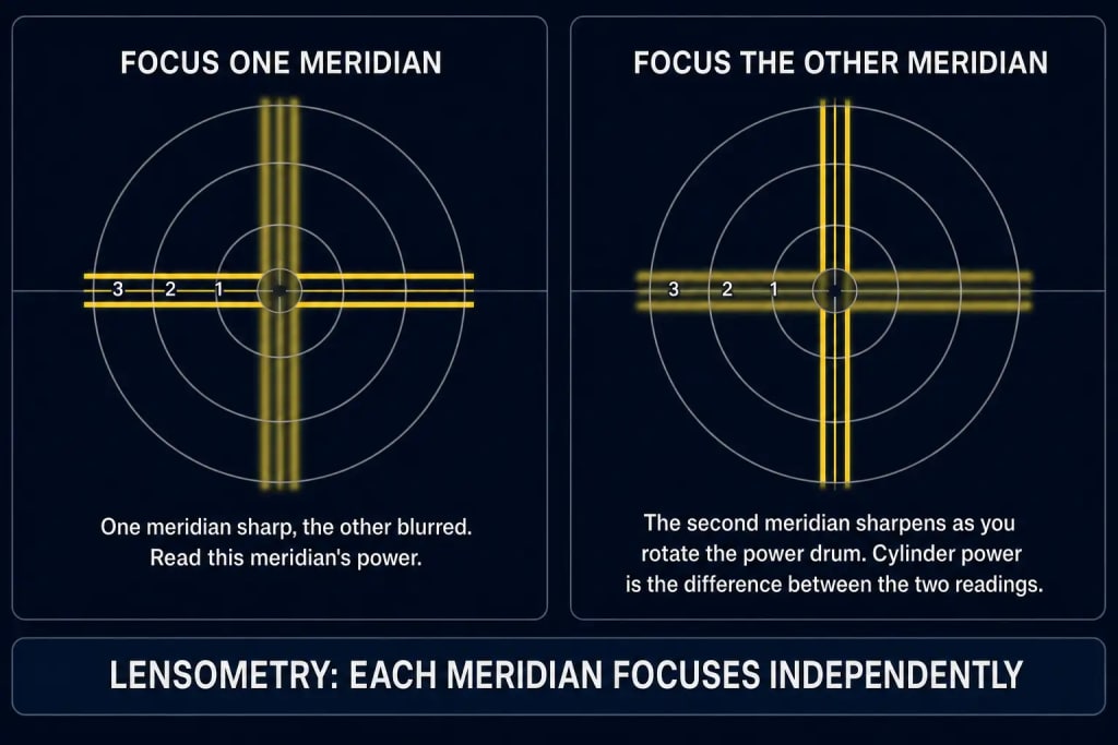 Two-panel diagram of the lensmeter eyepiece view showing how each principal meridian focuses independently: one panel with the vertical target lines sharp and horizontal lines blurred, and the reverse panel with the horizontal lines sharp and vertical lines blurred, illustrating how cylinder power is read as the difference between the two meridian readings