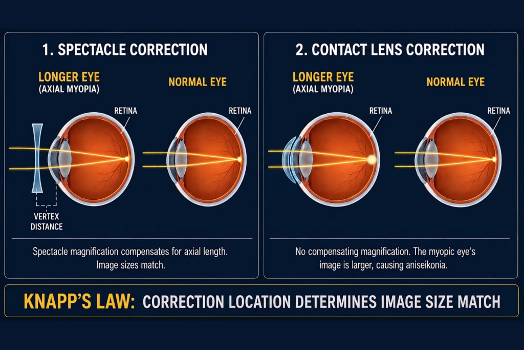 Two-panel diagram of Knapp's law in axial anisometropia: spectacle correction showing a longer eye with a concave lens at vertex distance producing a retinal image matching the normal eye, and contact lens correction showing the same longer eye with a lens flush on the cornea producing a visibly larger retinal image than the normal eye, illustrating why spectacles minimize aniseikonia while contact lenses do not