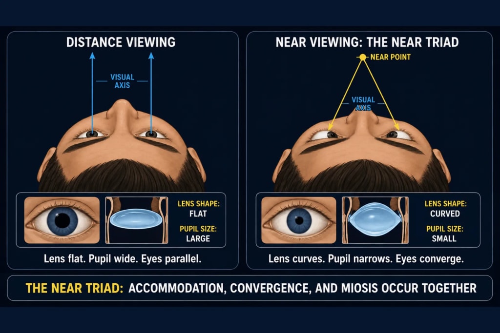 Two-panel diagram of the near triad showing distance viewing with parallel visual axes, a flat lens and a wide pupil, versus near viewing with both eyes converging inward, a curved lens and a narrowed pupil, illustrating how accommodation, convergence and miosis occur together as a single reflex