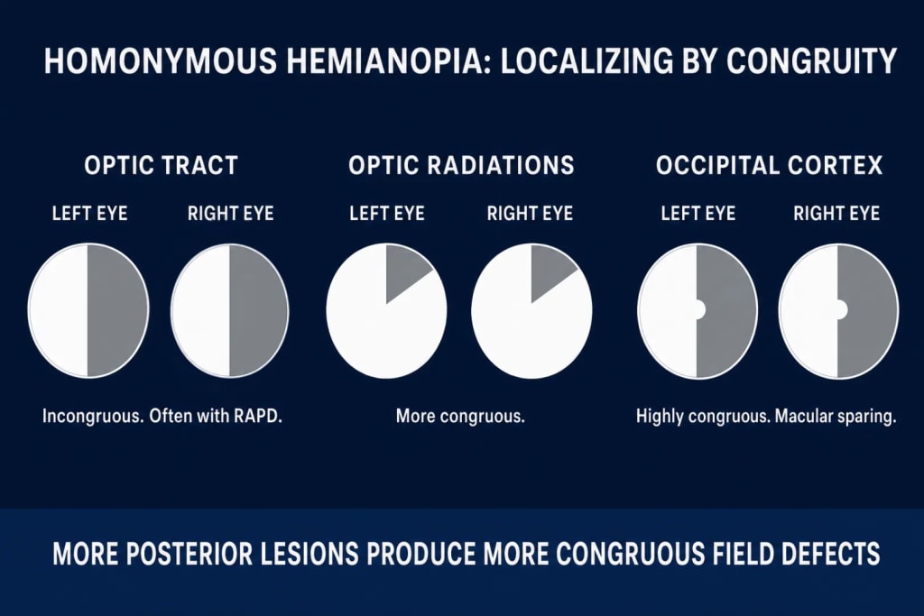 Three-panel diagram titled Homonymous Hemianopia: Localizing by Congruity, illustrating how visual field defects become progressively more congruous between the two eyes as a lesion moves posteriorly along the visual pathway. The first panel shows a left optic tract lesion producing a right homonymous hemianopia with incongruous field loss between the eyes, often accompanied by a relative afferent pupillary defect. The second panel shows a left temporal lobe lesion producing a right homonymous superior hemianopic defect, more congruous than the optic tract pattern. The third panel shows a left occipital lobe lesion producing a highly congruous right homonymous hemianopia with macular sparing, where central vision is preserved despite the surrounding field loss. The overall teaching point is that more posterior lesions produce more congruous field defects