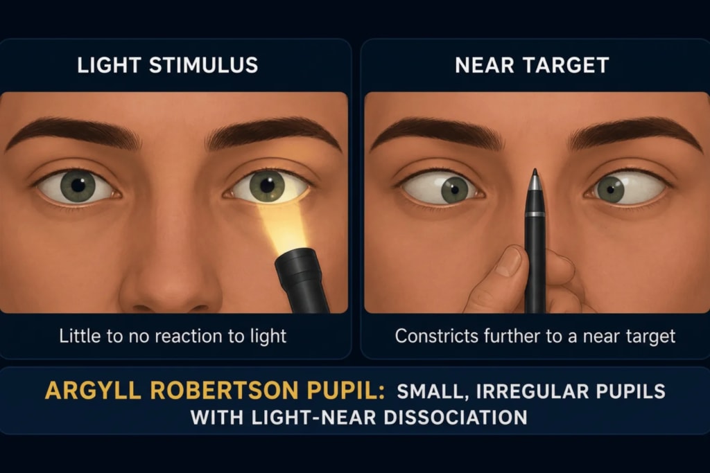 Two-panel diagram of Argyll Robertson pupil light-near dissociation: the light stimulus panel shows small, mildly constricted pupils with little to no further reaction to a light source, while the near target panel shows the eyes converging on a near object with pupils constricting further and more noticeably, illustrating preserved near response despite a poor light response