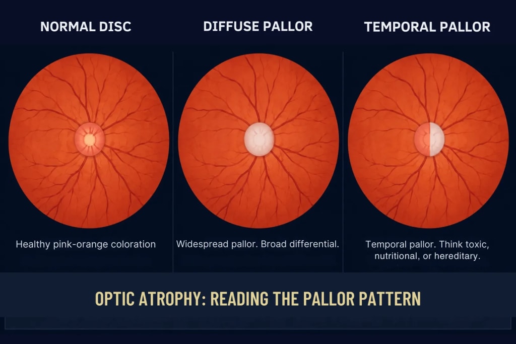 Three-panel diagram of optic disc pallor patterns: a normal disc with healthy pink-orange coloration, diffuse pallor showing the entire disc pale white with a broad differential, and temporal pallor showing the temporal half of the disc pale while the nasal half remains pink, suggesting toxic, nutritional, or hereditary optic neuropathy