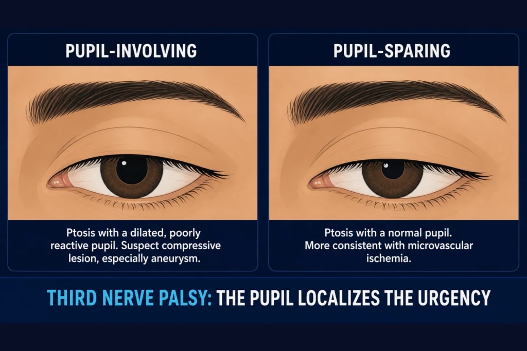 Two-panel diagram of third nerve palsy showing ptosis in both eyes: pupil-involving palsy with a clearly dilated, poorly reactive pupil raising concern for a compressive lesion such as an aneurysm, versus pupil-sparing palsy with a normal-sized pupil more consistent with microvascular ischemia