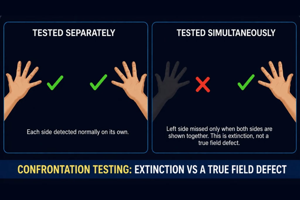 Two-panel diagram of confrontation visual field testing for extinction: tested separately shows both hands detected normally with green checkmarks, while tested simultaneously shows the left hand fading from view while the right hand remains detected, illustrating extinction from right parietal lobe dysfunction rather than a true visual field defect