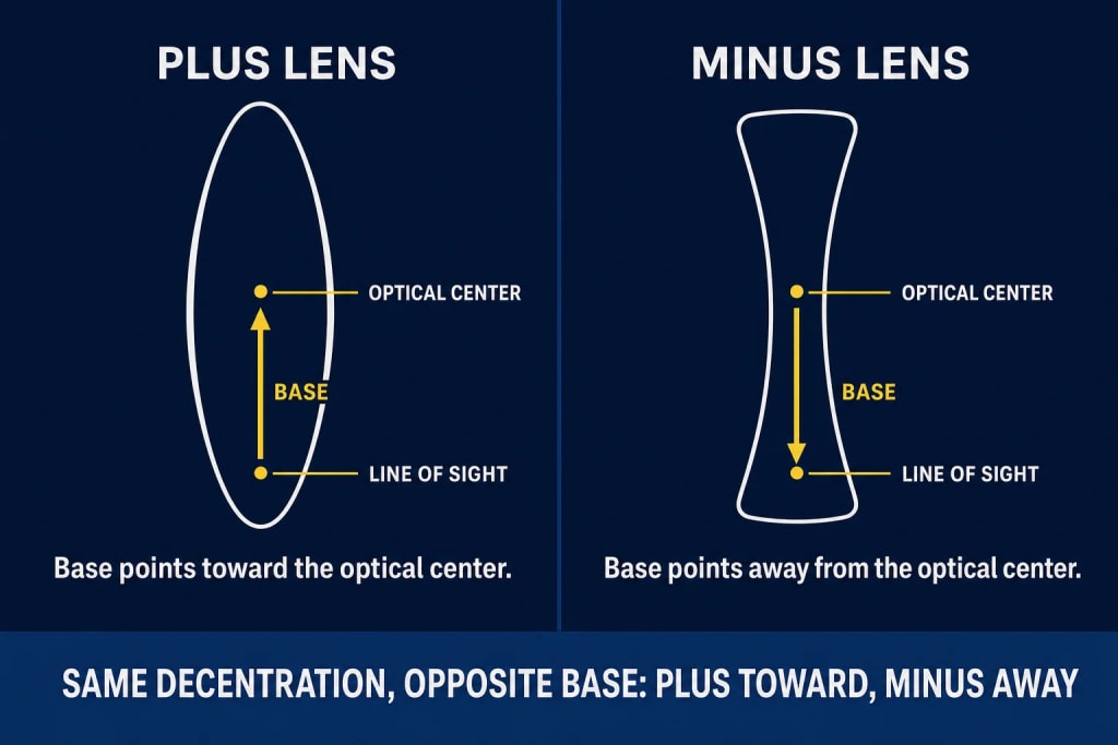 Two-panel diagram comparing base direction for the same decentration in a plus versus minus lens: a plus lens with the line of sight below its optical center induces prism base toward the optical center, while a minus lens with the same decentration induces prism base away from the optical center, illustrating why the same decentration produces opposite base effects in plus and minus lenses