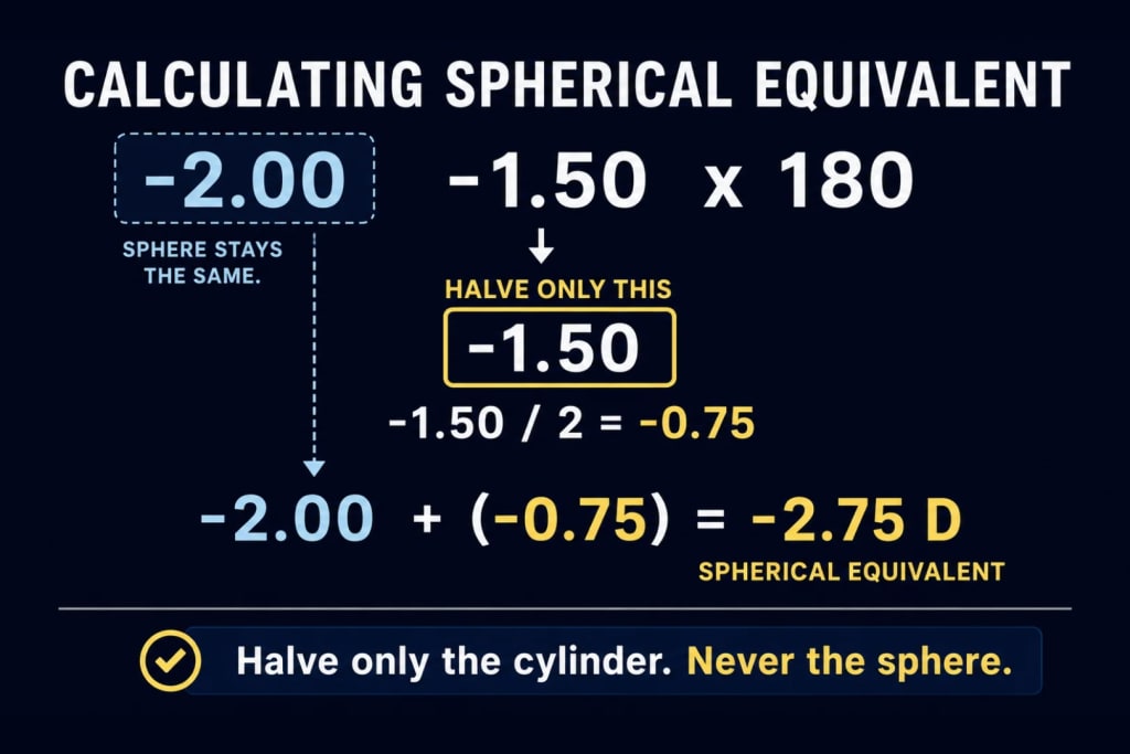 Worked calculation diagram showing spherical equivalent for the prescription -2.00 -1.50 x 180: only the cylinder power -1.50 is halved to -0.75, while the sphere power -2.00 stays unchanged, then the two are added together to give a spherical equivalent of -2.75 D, illustrating the classic exam trap of halving only the cylinder and never the sphere