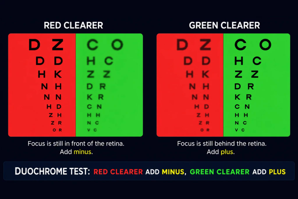 Two-panel diagram of the duochrome test direction rule using a split red-green chart: the red-clearer panel shows sharper letters on the red half, indicating the eye is still focused in front of the retina and needs more minus power, while the green-clearer panel shows sharper letters on the green half, indicating the focus is still behind the retina and needs more plus power