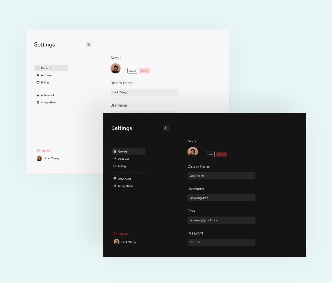 Light and dark mode of user profile setting UI