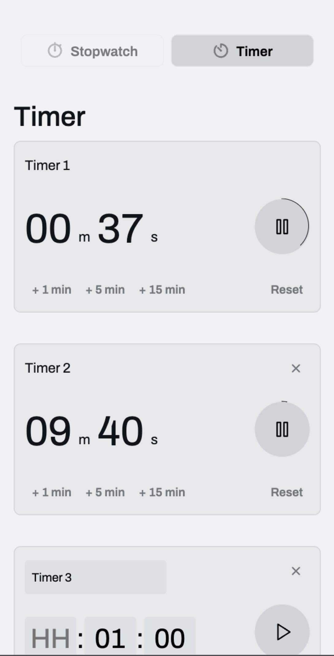 Stopwatch and timer mobile UI