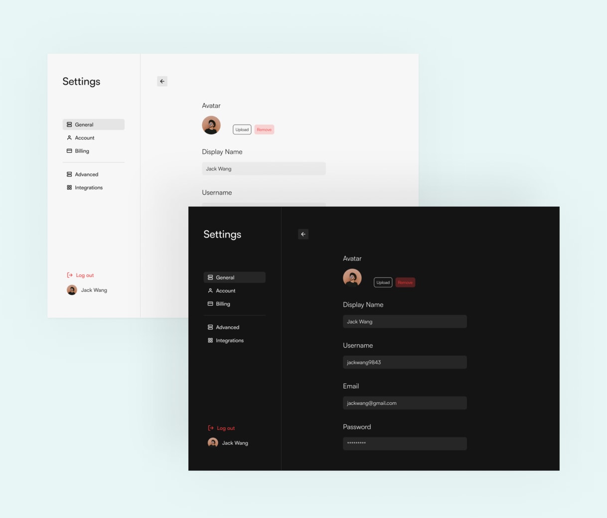 Light and dark mode of user profile setting UI