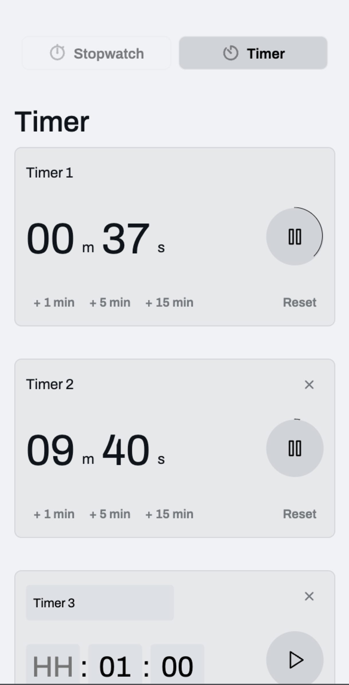 Stopwatch and timer mobile UI
