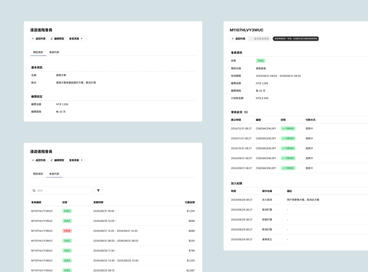 Three interfaces, two showing memberships setup with name, description, payment details and list of the members, one showing member details with member info, payments and history