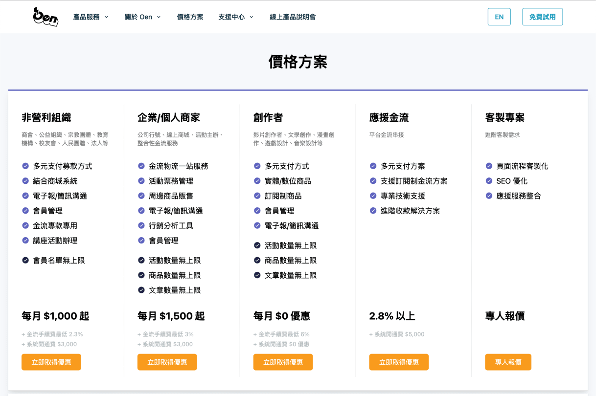 Pricing section homepage
